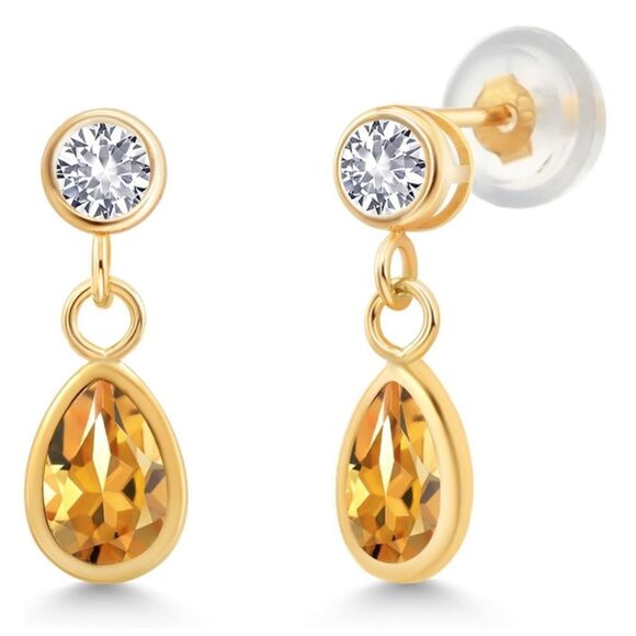 14K Yellow Gold with 0.92 Cttw Yellow Citrine and White Sapphire Post Earrings - Picture 2 of 4